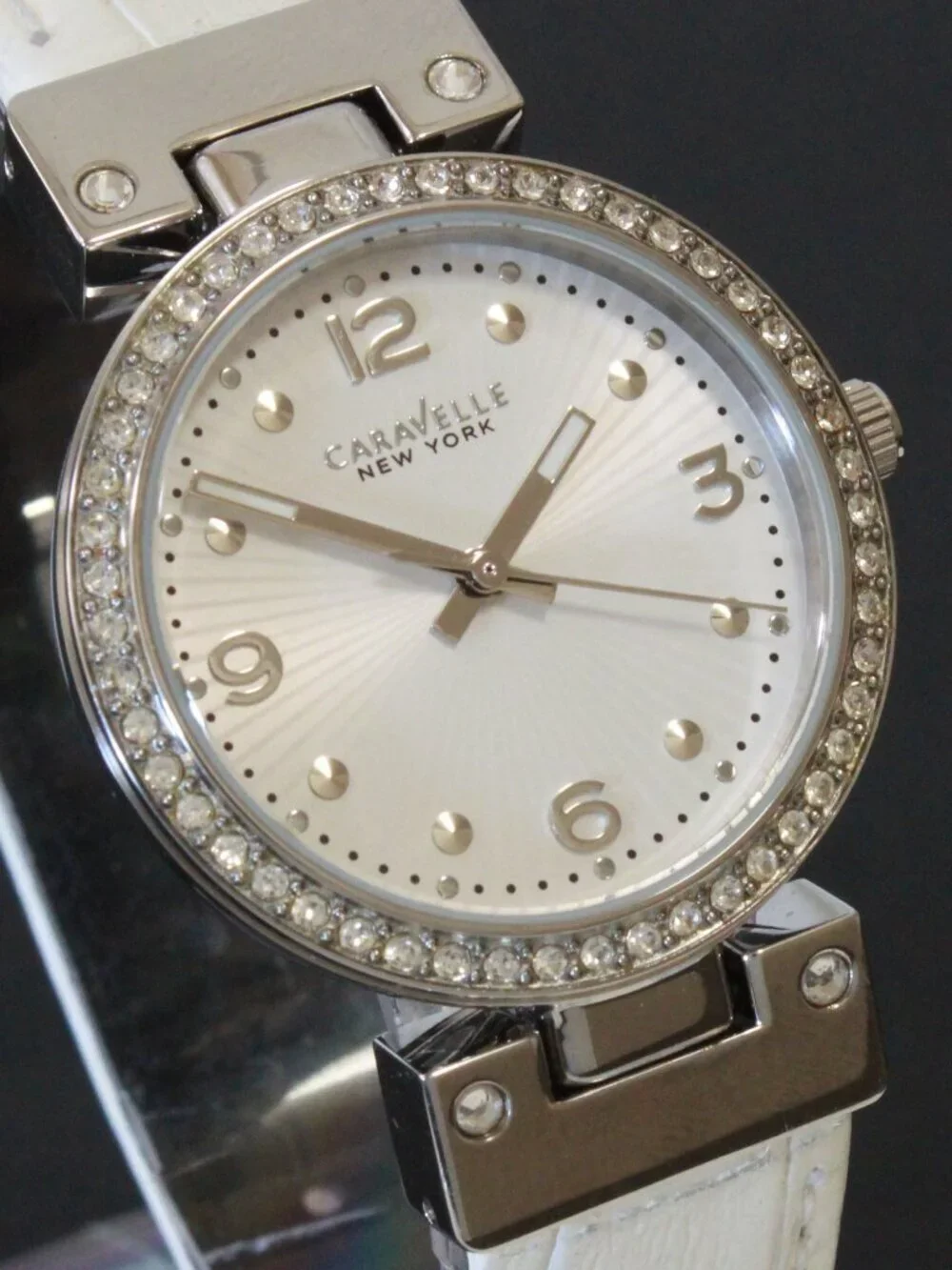 Caravelle Ladies Dress Watch By Bulova Crystal Bezel Reversible Strap 32mm